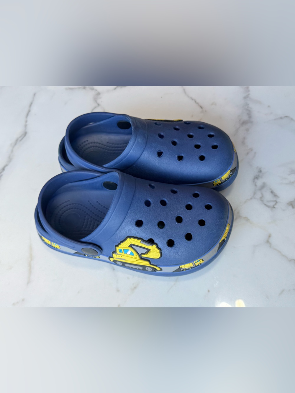 4/$15 Kids Blue Slip-On Clog with Yellow Excavator Detail